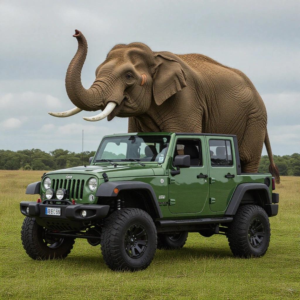 A green jeep with a large elephant standing on it. The scene depicts a safari landscape. The sky is overcast. Grassland surrounds the vehicle.