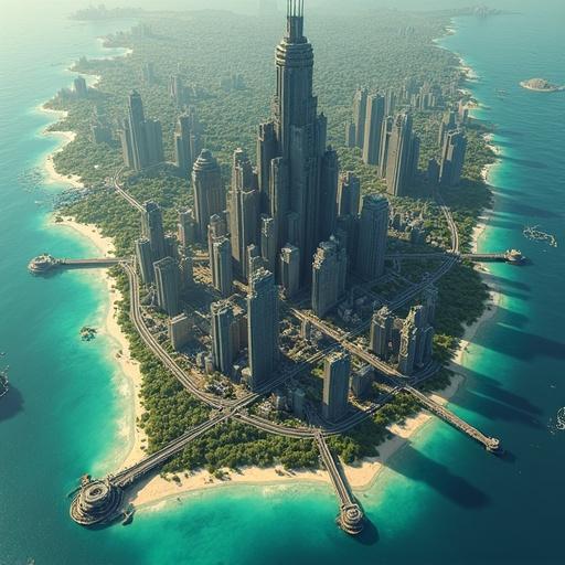 Isometric map of a cyberpunk dystopian city on an isthmus with skyscrapers and distinct districts along a polluted swampy bayou coast.