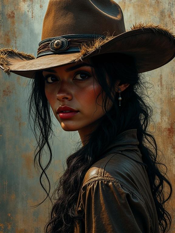Close-up portrait of a Latina female sheriff cowgirl. She wears a leather cowboy hat with fur accents. She stands in a dark, old western ranch. Her face is partially hidden under the hat's brim.