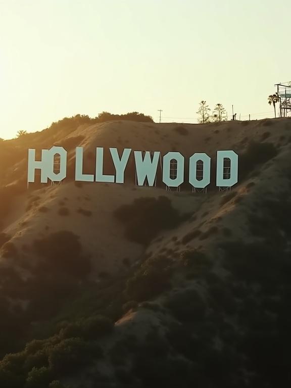 Aerial shot at dawn shows Hollywood Hills. Camera glides through morning haze. Giant letters spell 'WRONG' instead of 'HOLLYWOOD'. The letters are weathered. Long shadows cast across dry brush. Eerie silence with distant hum of machinery. Mood of calm unease.