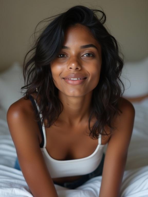 Indian teen girl sitting on bed. Model has black hair. Petite body with light brown skin. Wearing short jeans and a white top. Smiling and biting her lips.