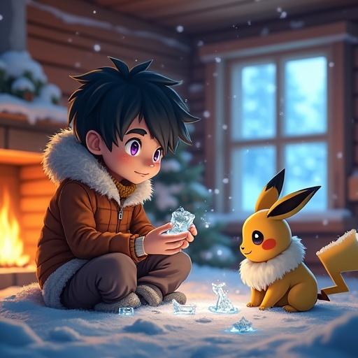 Inside wooden cabin with snow. Boy has purple eyes and black hair. Using ice powers to create toys. Eevee and Pikachu watching. Fireplace glows. Boy wears fur-lined jacket. Snow falls outside. Warm and magical atmosphere.