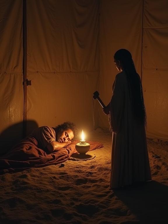 Inside a dim canvas tent, a Canaanite commander lies asleep on the ground wrapped in a travel cloak. A woman stands nearby in flickering light from an oil lamp. She is in her 30s with sun-weathered skin and dark braided hair, holding a wooden mallet and tent peg. Shadows stretch across the tent suggesting momentous events.