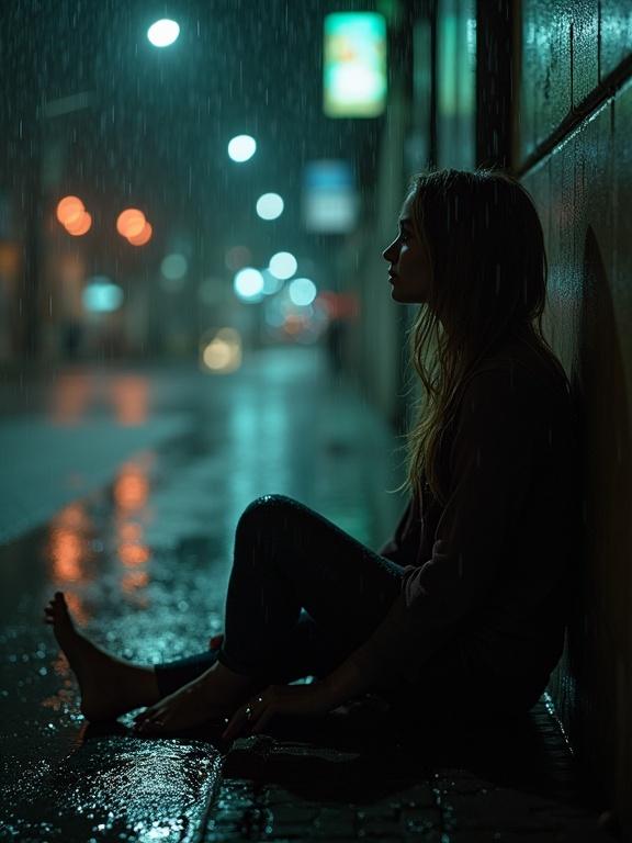 Pinhole photograph captures a woman sitting on the wet ground in the rain. The rain pours heavily around her. Night setting with low light enhances the mood. Shallow depth of field blurs the background while focusing on the woman. Streetlights illuminate the scene softly.