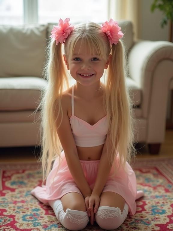 a young girl with long blonde twin tails and pink bows kneels on a colorful rug in a softly lit living room. She smiles flirtatiously, dressed in a crop top and pink skirt, with lace detailed socks and black shoes, showing a beautiful face