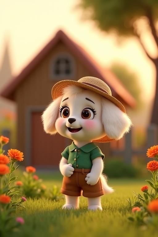A 3D animated fluffy white puppy named Poppy stands on two legs beside a wooden cottage. Poppy wears a straw hat, green shirt, and brown pants. She is cheerful in a flower garden with a warm evening glow. Ultra HD 4K, detailed textures, 9:16 ratio.