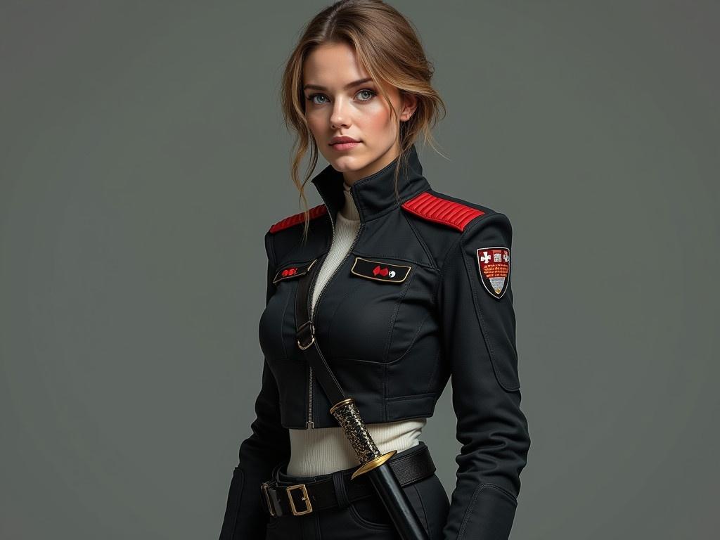 This image depicts a 35-year-old woman with an athletic build standing confidently. Her sandy brown hair contrasts with her darker eyebrows, and her blue-green eyes are alert and observant. Her lips are not overly full, giving her a unique look, distinct from that of a supermodel. She is wearing a realistic black sci-fi military uniform made from tough synthetic fabric, which is functional yet practical. The uniform features a red stripe that separates the tops of her shoulders from her chest and back, with padded shoulders for added protection. The sides of the jacket and cuffs are also accented with red stripes, maintaining a military aesthetic. Underneath the jacket, she wears a white knit shirt with a flat collar. The patches on her shoulders are functional, displaying her rank and affiliation without being overly ornate. A belt with a second band holds a gold-hilted dagger in a black scabbard, further emphasizing her military role.