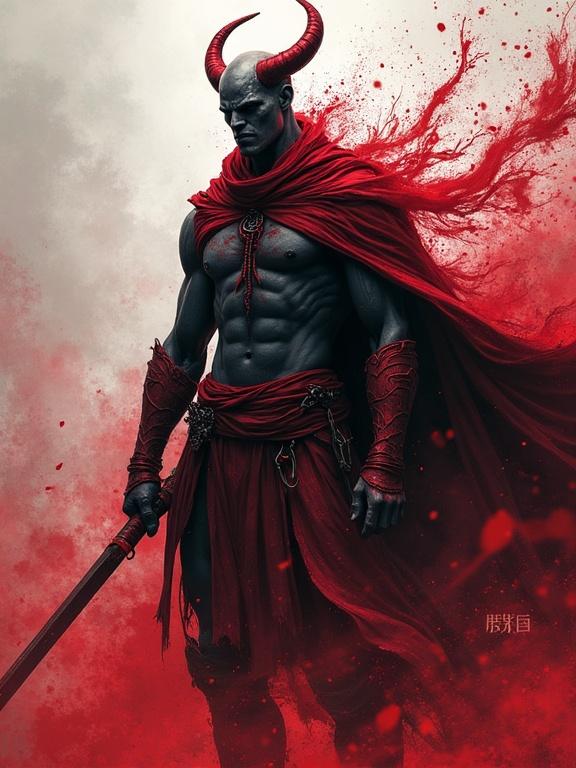 Digital illustration of a tall male tiefling with horns and muscular physique. Character surrounded by splashes of blood. Dressed in red fabric with intricate details. Strong and imposing presence.