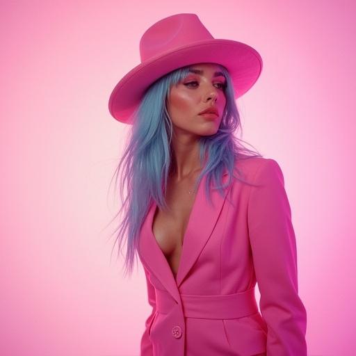 Glamorous portrait of a woman in a pink outfit with a pink hat. Blue hair, pink background. Soft lighting. 35mm film style.