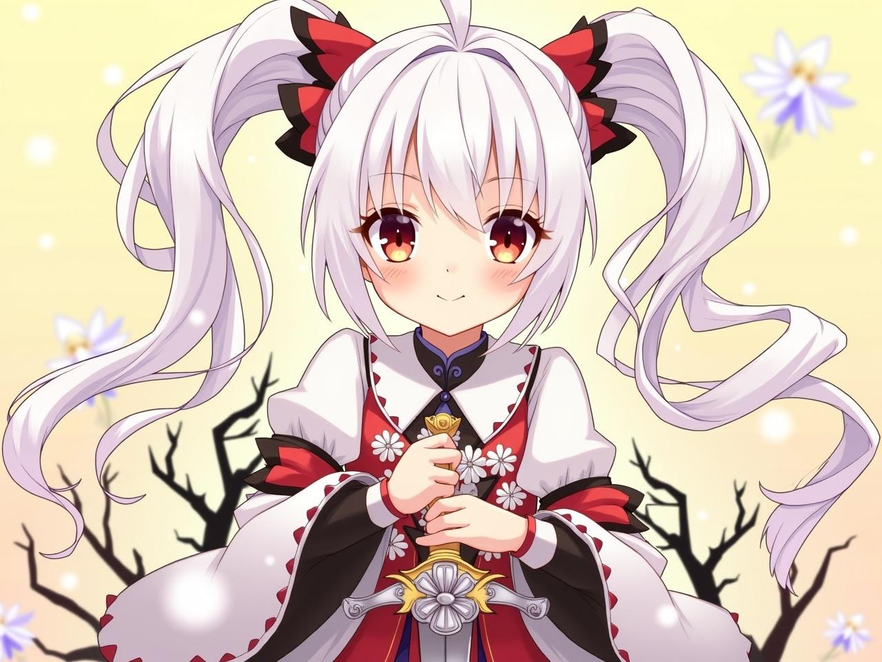 The image features a character with white hair styled in twin-tails, adorned with red and black ribbons. She is wearing a detailed outfit with floral designs and a sword held in her hands. The character has a gentle smile and is posed in a confident manner. The background has a warm, bright tone that enhances her features. There are decorative elements, like flowers intertwined with dark vines, adding to the enchanting atmosphere of the scene.