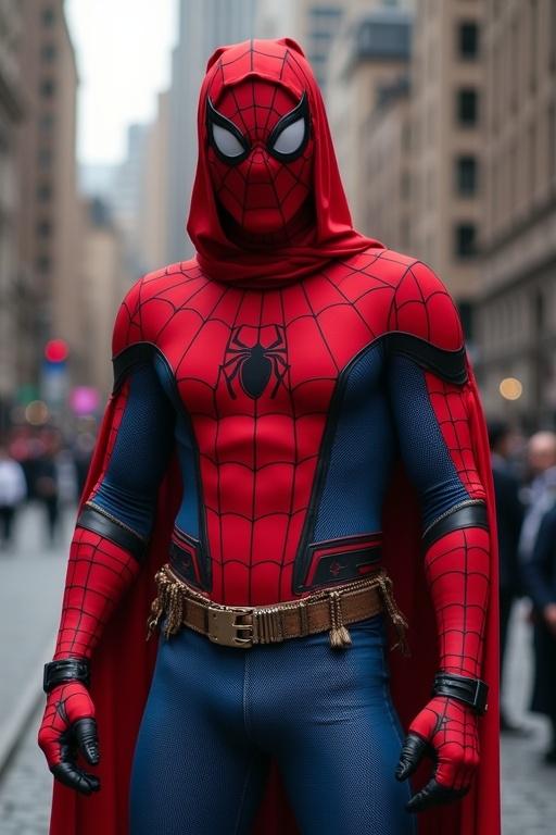 A superhero dressed in a red and blue suit stands in an urban setting. The costume features a spider emblem and a belt. The character is posing confidently against a backdrop of tall buildings.