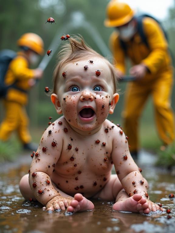 A baby is sitting in a muddy puddle. The baby is covered in ladybugs. The baby looks distressed with wide-open blue eyes. Two rescue workers in yellow uniforms are spraying insecticide on the baby.