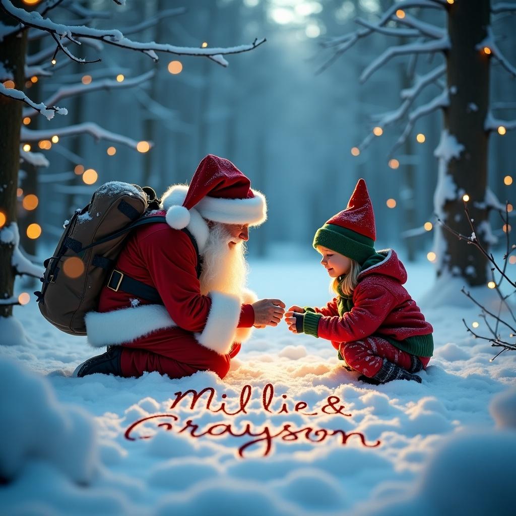 In a snowy woodland area, a joyful scene unfolds as Santa Claus kneels beside a little girl dressed as an elf. Together, they are writing the names 'Millie and Grayson' in the thick snow. The landscape is adorned with soft snowflakes, and the surrounding trees twinkle with warm golden lights, enhancing the magical atmosphere. The child gazes up at Santa with excitement, embodying the spirit of Christmas. The red and green outfits provide a festive touch to the serene winter setting.