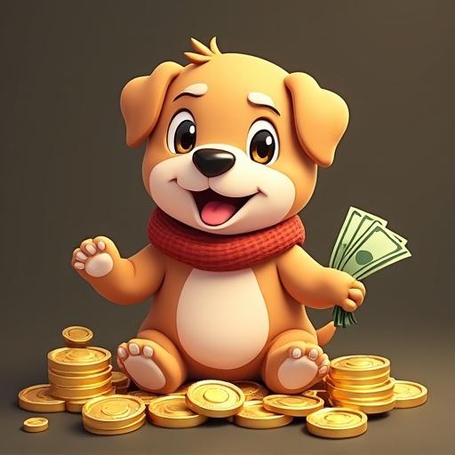 Cute cartoon dog character. Dog with cash and gold coins. Cheerful expression. Fun meme coin theme. Gold coins piled around. Dog wearing a red scarf. Illustrative style. Happy atmosphere.