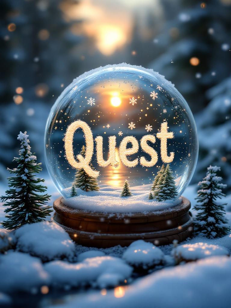 A magical snow globe featuring the word 'Quest' formed from snowflakes. Tiny evergreen trees are surrounded by snow near a frozen lake. Snowflakes swirl around the scene with a warm glow from the setting sun creating a magical atmosphere.