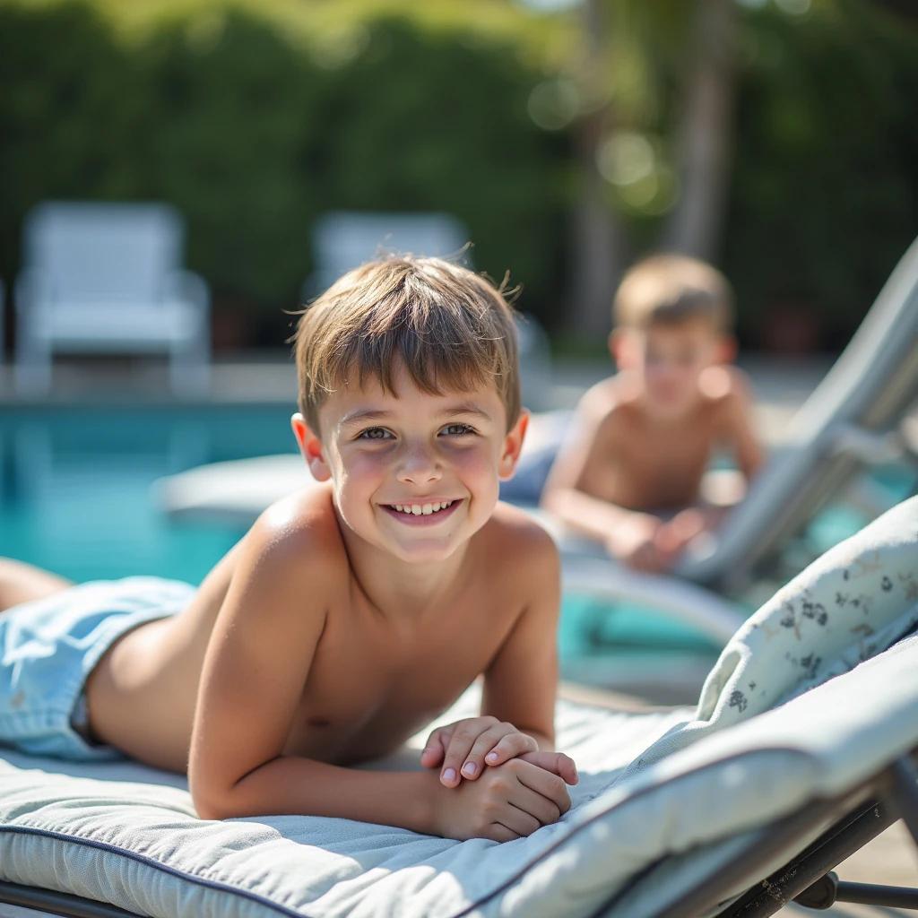 Portrait of a ten year old boy lying on a lounger at a pool. Boy is looking at the camera and smiling. Another boy is nearby on an adjacent chair.