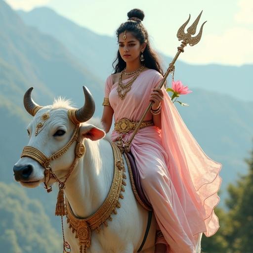 Hyper-realistic portrait of a young girl depicted as Goddess Shailaputri riding a white bull. She has fair skin and calm eyes. Dressed in a pink and white silk saree with golden borders. Holding a trident and lotus flower. Background features a mountain range with soft sunlight. Moon is visible on her forehead. The face and ornaments are ultra-detailed.