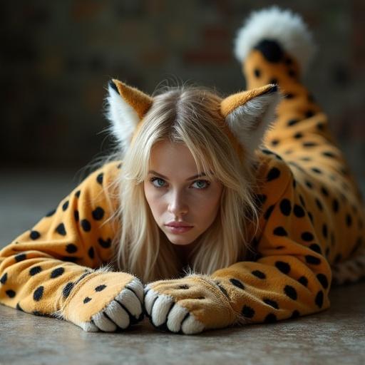 A serious woman with blue eyes wears a cheetah costume. The costume includes cheetah ears and a tail. She is lying on the floor against a huge bunny puppet. The scene captures a playful interaction between the two. The setting conveys a light-hearted and imaginative atmosphere.