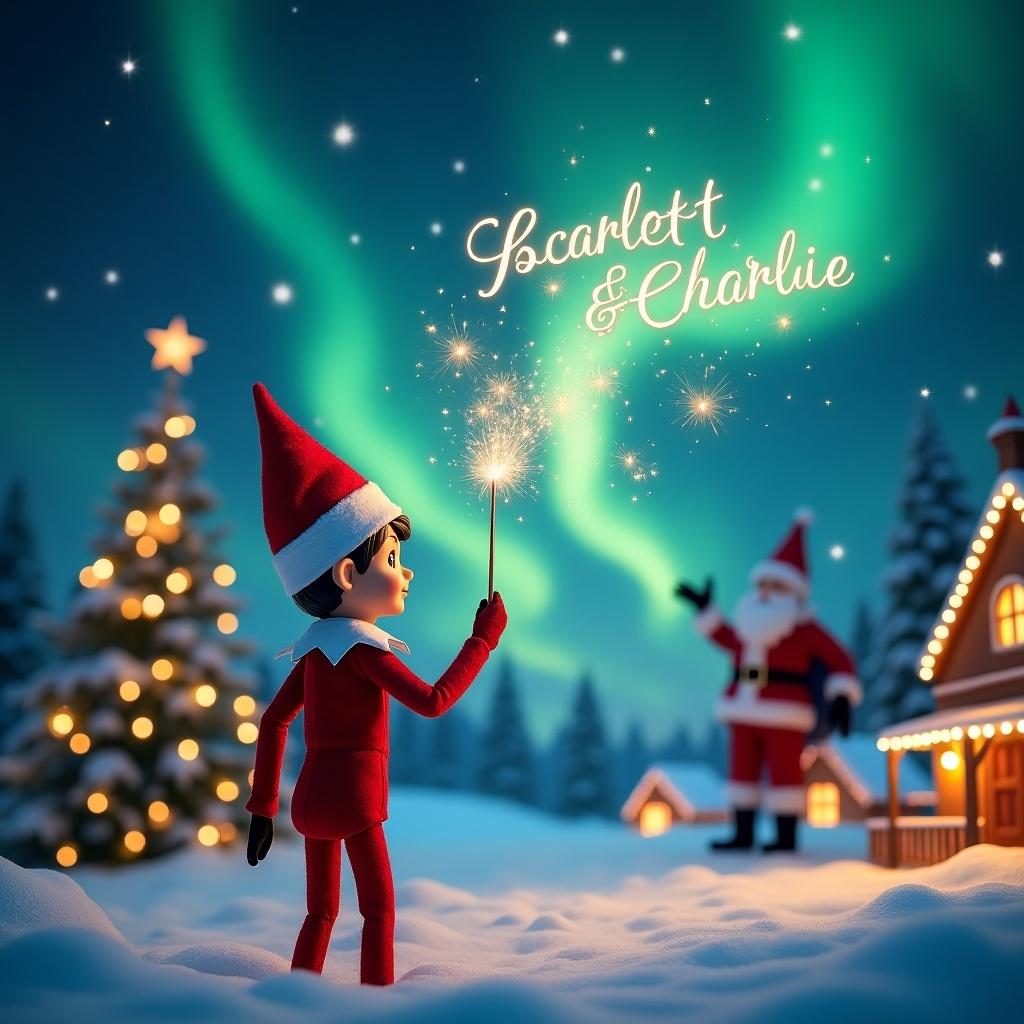 An adorable scene features an Elf on the Shelf looking back towards viewers, observing a winter night sky illuminated by stunning northern lights. Dressed in classic holiday attire, the elf uses a magic wand to create names in the air. In the backdrop, Santa Claus waves cheerfully, bringing joy to the scene. The setting is complete with a beautifully decorated Christmas tree and twinkling fairy lights that enhance the holiday atmosphere. The elf stands with his back to the viewer, directed toward the vibrant sky, writing 'Scarlett & Charlie' in magical sparkles. Additionally, the snow-covered ground and whimsical houses create a warm, inviting Christmas scenery.