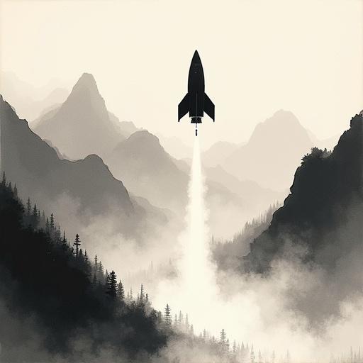 Rocket ship launching over mountains. Ink wash painting in traditional Japanese sumi-e style. By Hiroshi Yoshida. High resolution with smoky trails and fluid brushwork. Black ink with soft grays. Captures morning fog light.