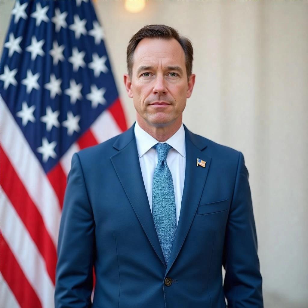 A man in a blue suit and tie stands in front of an American flag.