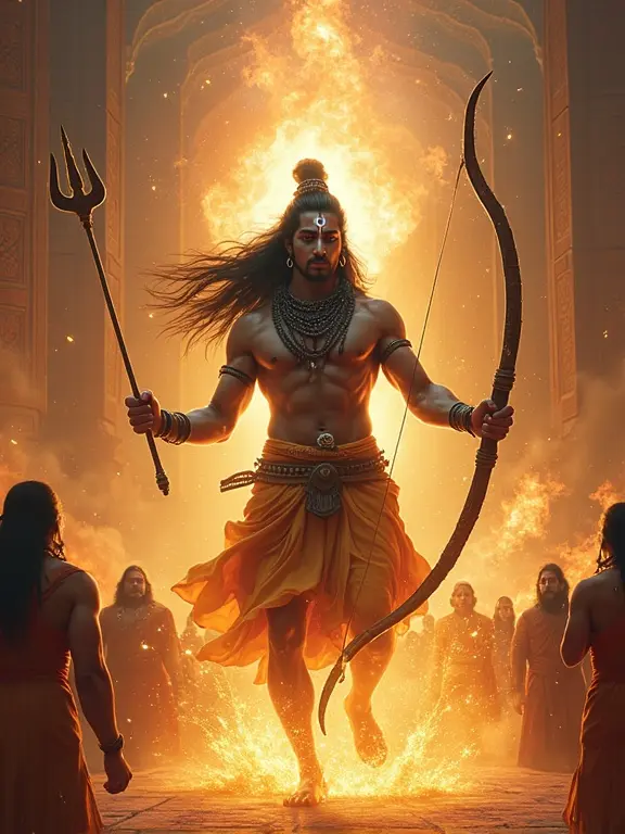 Lord Ram breaking the mighty Shiv Dhanush in a grand palace court. Divine energy radiating from him. The bow snaps in a burst of light and sound. Astonished royal spectators in traditional attire. King Janaka watches in awe. Golden ethereal glow with ancient Indian architecture. High detail with dramatic lighting. A depiction of Lord Shiva. Background shows swirling crimson and cobalt hues. Long hair flowing with a crescent moon on the forehead. Muscular physique highlighted by golden light. Adornments and trident. Flames and clouds create a dynamic aura.
