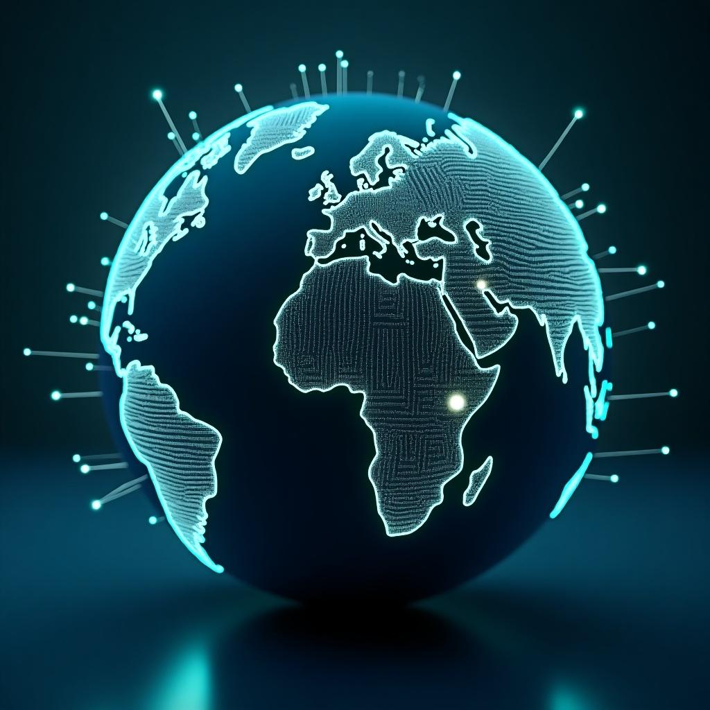 The image features a 3D representation of the Earth with intricate digital connection lines linking various continents. It highlights the continents of Africa, Asia, Europe, and others with pulsing gradient colors in blue and green. The globe itself appears futuristic, embodying technology and global connectivity. The connection lines stretch outwards, signifying data flows and interactions between different parts of the world. The background is kept minimalistic to emphasize the central globe and its connections.