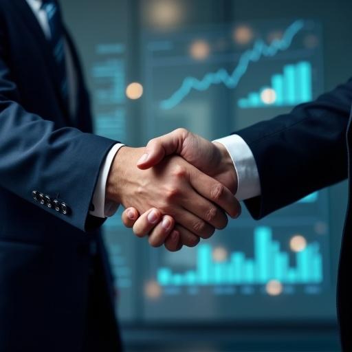 Close-up of two businessmen in suits shaking hands. Focus on hands with blurred background showing abstract data charts and graphs. Professional atmosphere with strong lighting. Photorealistic style.