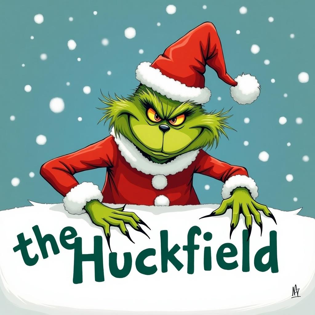 Grinch character in a Santa hat and coat writes 'the Huckfield ' in snow. Whimsical, mischievous expression. Snowflakes falling create a magical holiday scene. Bright colors highlight iconic green and red Christmas theme.