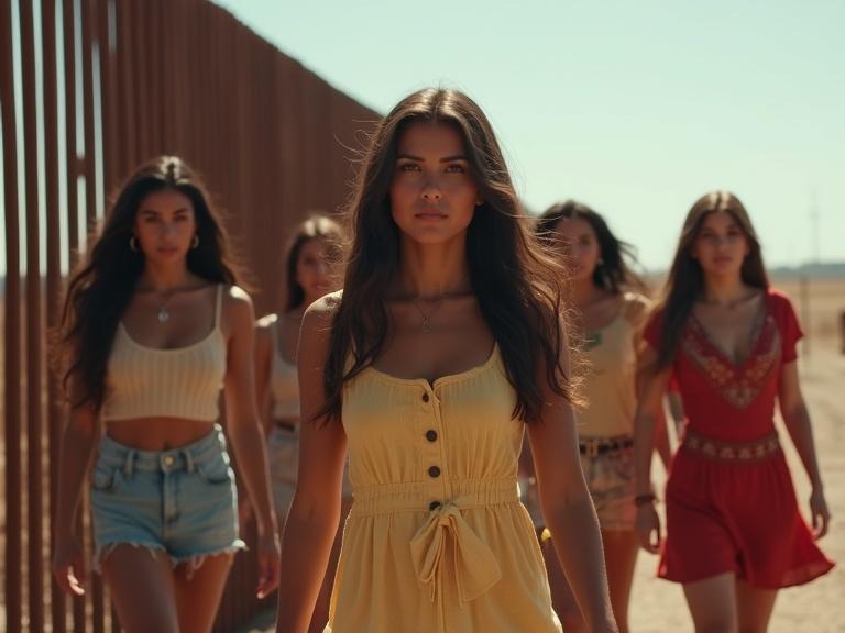 A group of beautiful Mexican women in sensible clothing are gathered near the border wall. There are multiple women with a focus on one wearing a yellow dress. The scene takes place during bright daylight.