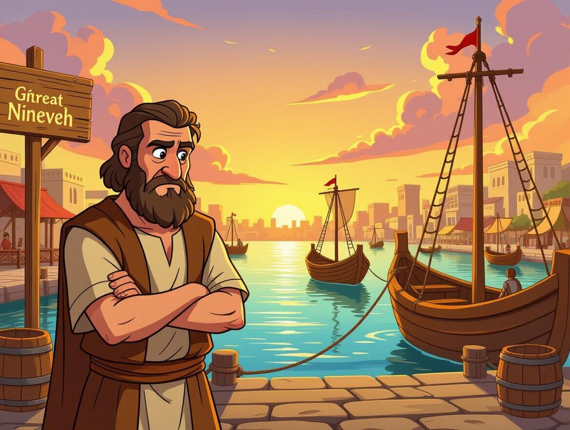 Grumpy man in ancient clothes with beard crossed arms looking annoyed. Busy ancient harbor with wooden boats tied. Sign pointing to Nineveh. Sky with warm sunset colors and dark clouds. Bright friendly art style like children's Bible illustration with smooth lines and vivid colors.