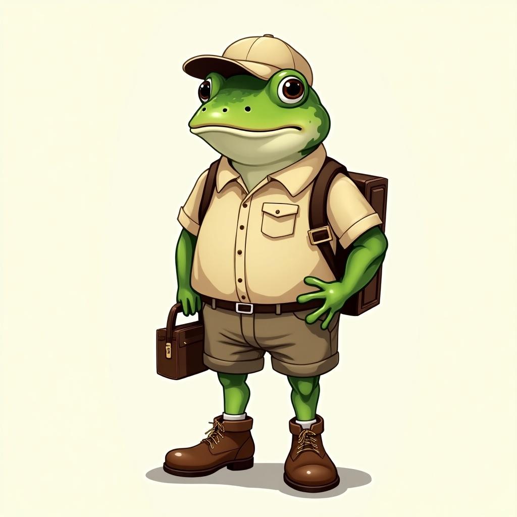 This image depicts a whimsical frog man in an anime style. The frog is short with spots, embodying a playful character. He's styled as a mail carrier, wearing an old uniform made of a polo shirt and shorts. His outfit is completed with nice leather boots and a matching baseball cap. He carries a satchel, showcasing his role. This character could easily end up in a children's book or animation, engaging young audiences with a sense of adventure.