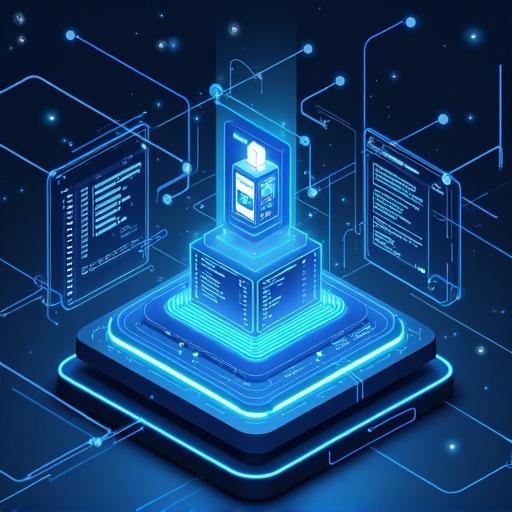 Website homepage image displaying a futuristic networking upgrade service. Features a central holographic display surrounded by tech elements. Bright blue glowing lines and data panels in the background.