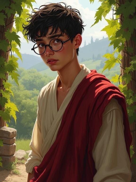 Young timid man in his early 20s wearing round glasses and Greek robes. He looks worried and pensive, with a meek and anxious expression. The background features outdoor vines and a wine-like ambiance. The style resembles that of Jason Chan, showcasing semi-realistic digital art techniques with a soft brush. The landscape reflects a fantasy theme appropriate for D&D.