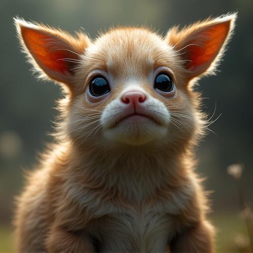 A cute animal with large expressive eyes and soft fur, focused on the camera with a gentle background.