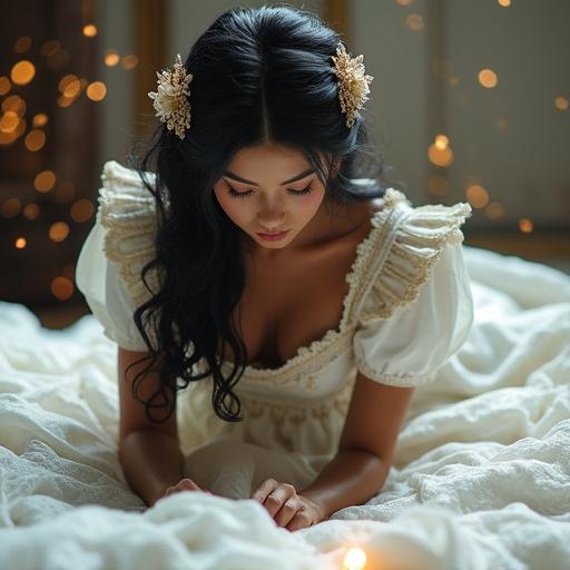 A beautiful woman with dark brown skin. Features resemble a Japanese goddess. Hair is glossy, black, and wavy. Wears a European classic maid uniform in white with black accents. Dress has lace and embroidery. Positioned on all fours making a bed. Background has magical flowing particles.