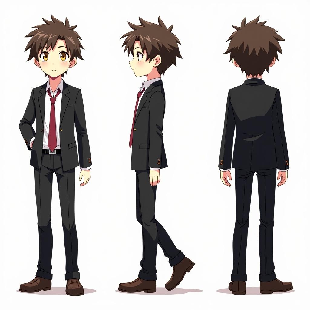 Anime-style character sheet featuring a high school boy. Short brown hair and yellow eyes. Dressed in a black high school outfit. Displayed in three views: front, side, and back. Design highlights a smart and serious look. Suitable for anime, manga, or video game projects.