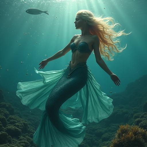A mermaid swims gracefully in the ocean. Long flowing hair and shimmering fins are visible. The underwater scenery includes rocks and small fish. A sense of magic and serenity is present.