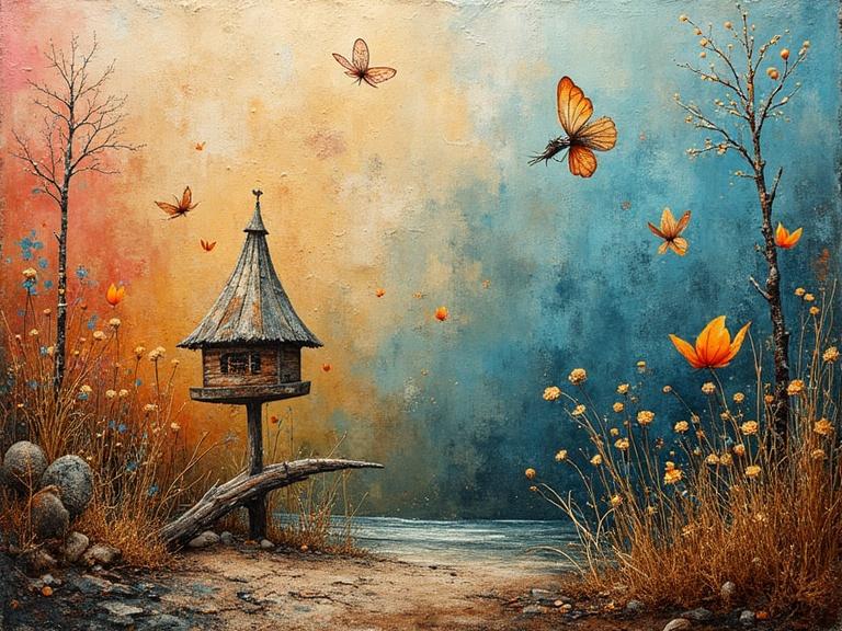Colorful birdhouse by a serene body of water surrounded by flowers and butterflies. Mixed media elements include textures like wood and sand. Depth and luminosity create a magical atmosphere. Beautiful composition evokes tranquility.