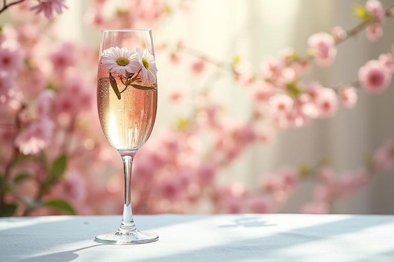 A crystal champagne glass contains delicate flowers. A spring background filled with pink blossoms appears softly blurred. The glass is on a white tablecloth on the right. Diffused light enhances the elegant atmosphere.