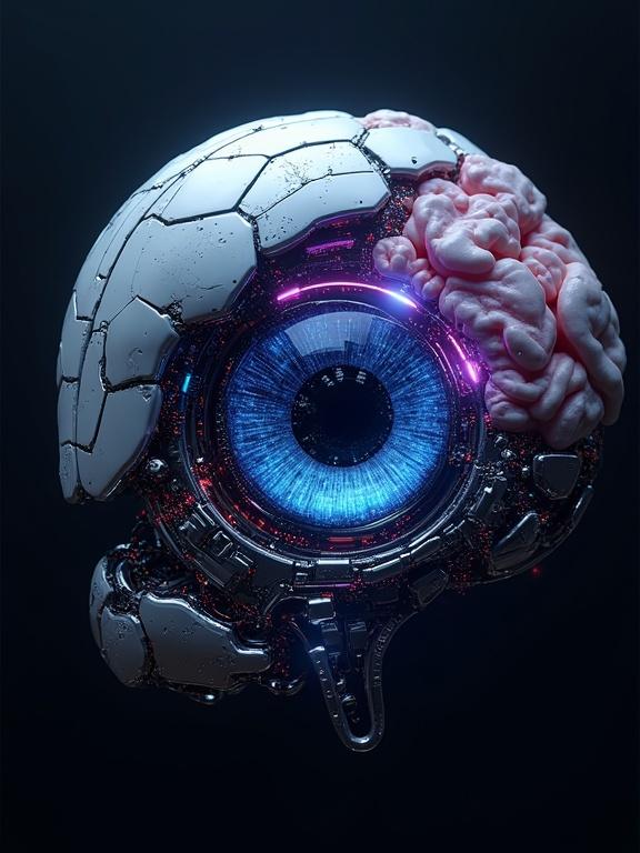 Highly detailed AI eye floating in a dark void made of metallic plates glowing neural circuits fiber-optic strands and pulsing organic tissue. Transparent parts of the brain mouth revealing mechanisms microchips spinning data cores and liquid-cooling veins. Electric arcs run across surface glowing blue purple pathways pulse with life. Asymmetrically beautiful structure one half sleek cybernetic other half textured biological ridges soft bio-luminescent nodes. Surreal futuristic hyper-realistic concept art.