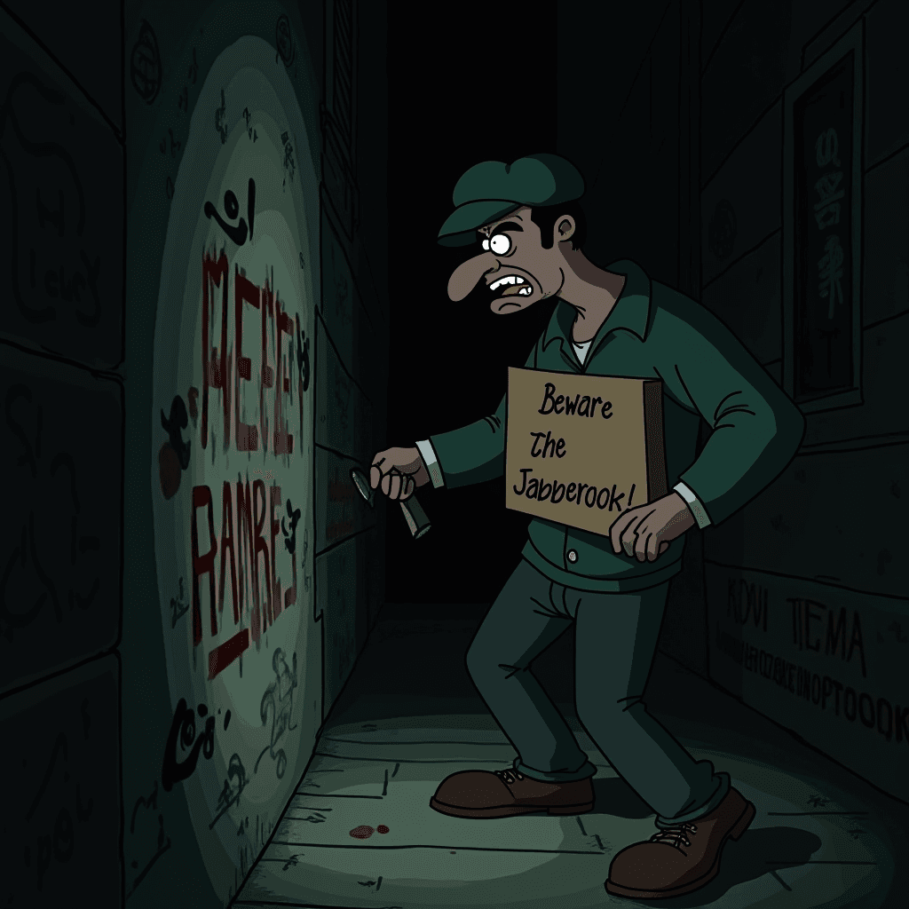 A cartoon man in a dim alleyway holds a sign warning of a Jabberwock and shines a flashlight on eerie graffiti.