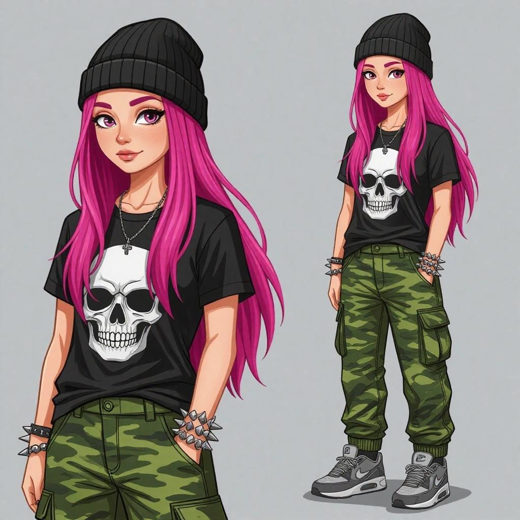 A human girl has long pink hair with a bob cut. She wears a black beanie and spiked accessories. She has a black shirt featuring a skull graphic. Her pants are green camouflage cargo style. Footwear consists of grey Nike Air Max 90 trainers. No background is present.