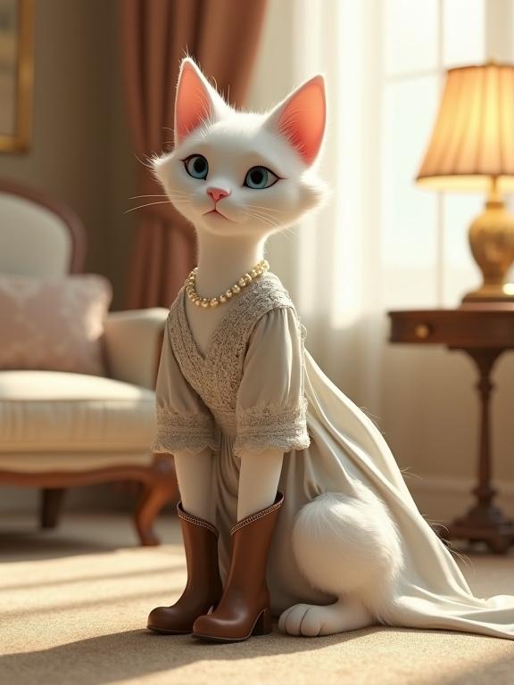 A 3D Pixar-style cat with humanoid body. Cat is elegant and white. Wearing light gray dress with lace patterns. Pairs with brown ankle boots. Decorated with pearl necklace. Cat has blue eyes and triangular ears. Sitting in a luxurious living room with cream walls. Velvet curtains and gold accents present. Soft spotlight from a lamp enhances colors. Cat is poised and looking toward the window.