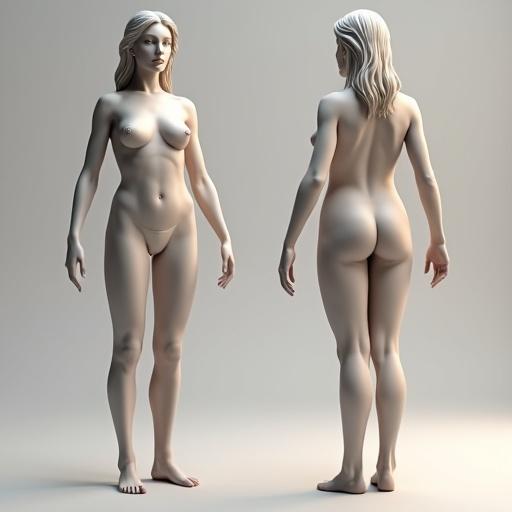 A 3D model representing the goddess Aphrodite. The model has a stylized feminine body shape. It is shown in a front view, side view, and back view. The figure is posed in an A-pose. The rendering is done using Octane. The model features soft lighting and lacks clothing, emphasizing the hourglass shape of the body.