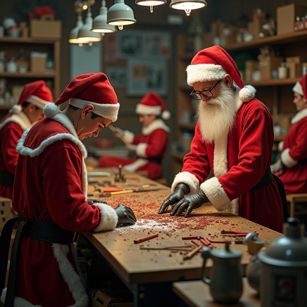 An ultra-realistic depiction of elves working in Santa's workshop. Elves are dressed in festive outfits. They are crafting toys and preparing gifts. Warm, ambient lighting creates a cozy atmosphere. The scene reflects the magic of the holiday season.