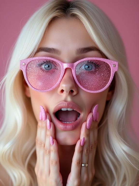 Digital portrait of a young woman with platinum blonde hair. She has blue eyes. Expression is surprised and playful. Oversized pink and glitter glasses are worn. Manicured nails have matching pink glitter polish. Close-up shot reveals skin texture. Soft blurred background enhances focus. Artificial lighting illuminates features. Professional portrait photography showcases details.
