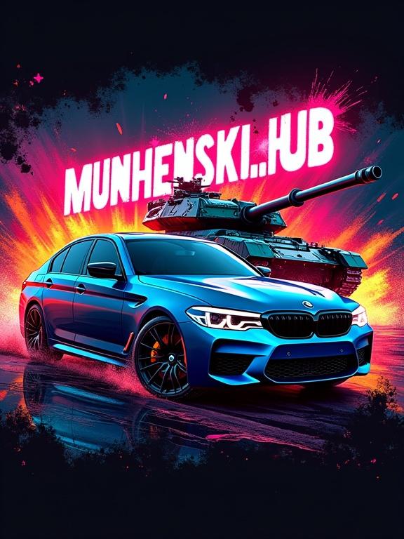 Ultra-colorful, high-energy print design for a black T-shirt featuring a BMW 5 Series and a futuristic T-14 tank in a dynamic scene with MUNHENSKI.HUB as a central element, using vivid colors and transparency effects.
