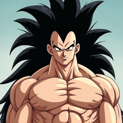 Raditz from Dragon Ball Z is depicted with a massive muscular body. The character features thick thighs and pale skin. Long, spiky black hair reaches the legs, characterized by an M-shaped hairline. The face has an elongated shape with prominent cheekbones and a square jaw. The expression is a cruel, sideways smile with a small upturned nose. Thick eyebrows accentuate large eyes, one squinting slightly for a threatening look.