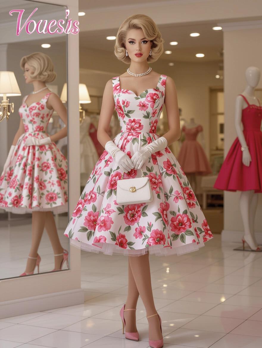 A stunning portrait of a 1960s woman in a vibrant floral dress. She has a platinum blonde hairstyle and wears pearl jewelry. The scene captures her elegance in a boutique setting. Focus on her makeup and accessories. The atmosphere reflects mid-century sophistication and charm.